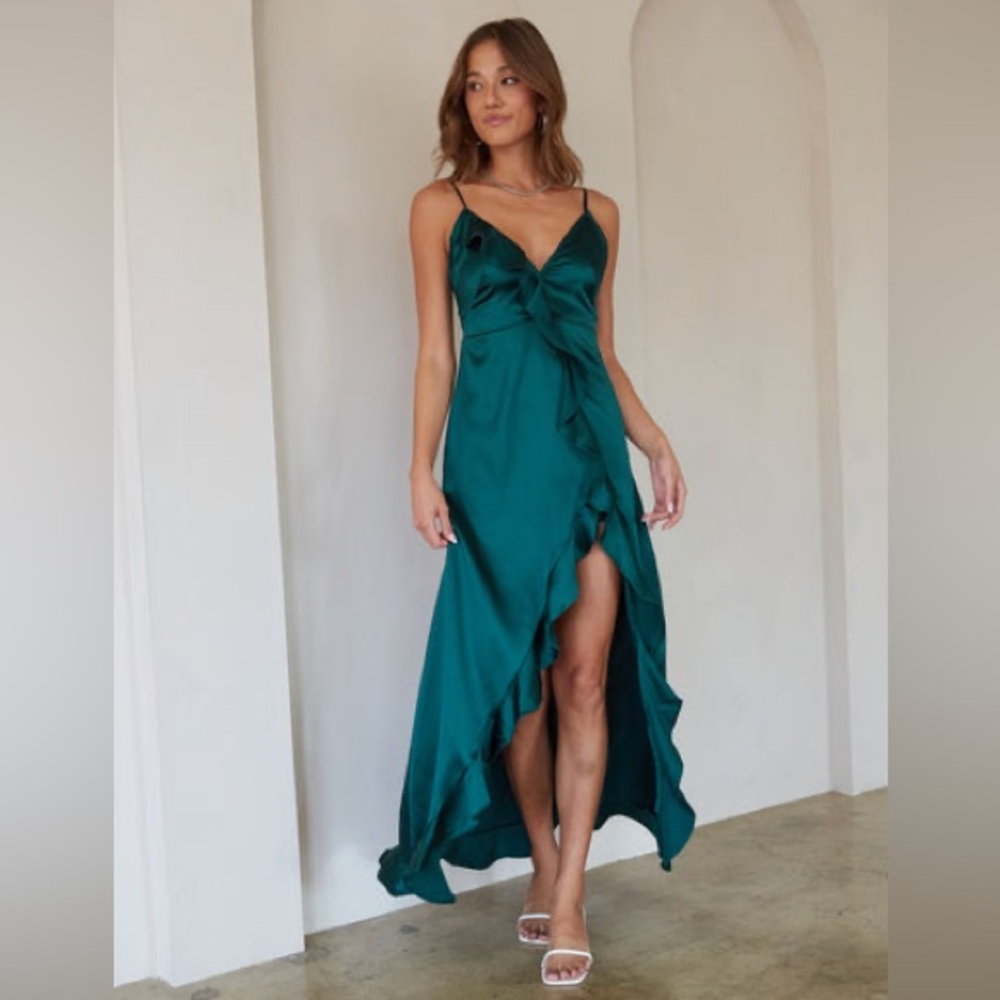 Satin Ruffle Detail Spaghetti Strap Maxi Dress